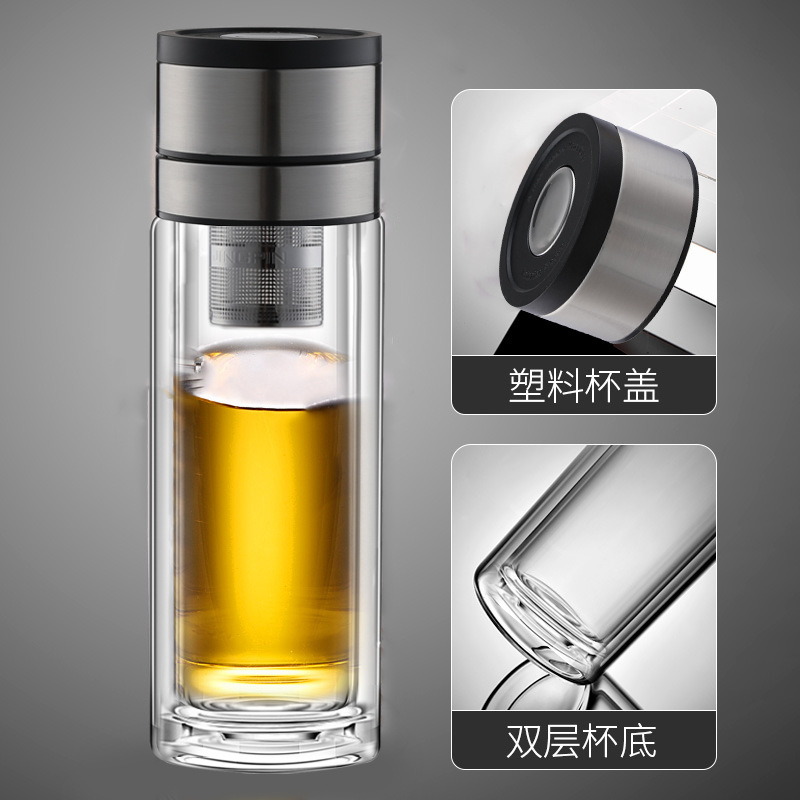 LA536可发样定制车载水杯玻璃一键开盖大容量男士茶水分离速开杯便携双层茶杯