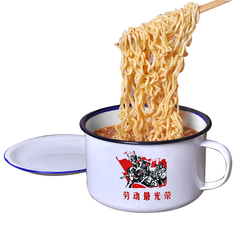LA535可发样/带盖搪瓷快餐杯泡面碗学生食堂铁饭缸东北洋瓷缸子复古餐厅吃面碗