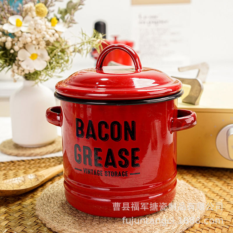 LA535可发样/1200ML加厚猪油罐高桶搪瓷储物罐搪瓷茶叶罐子双耳珐琅带盖耐高温