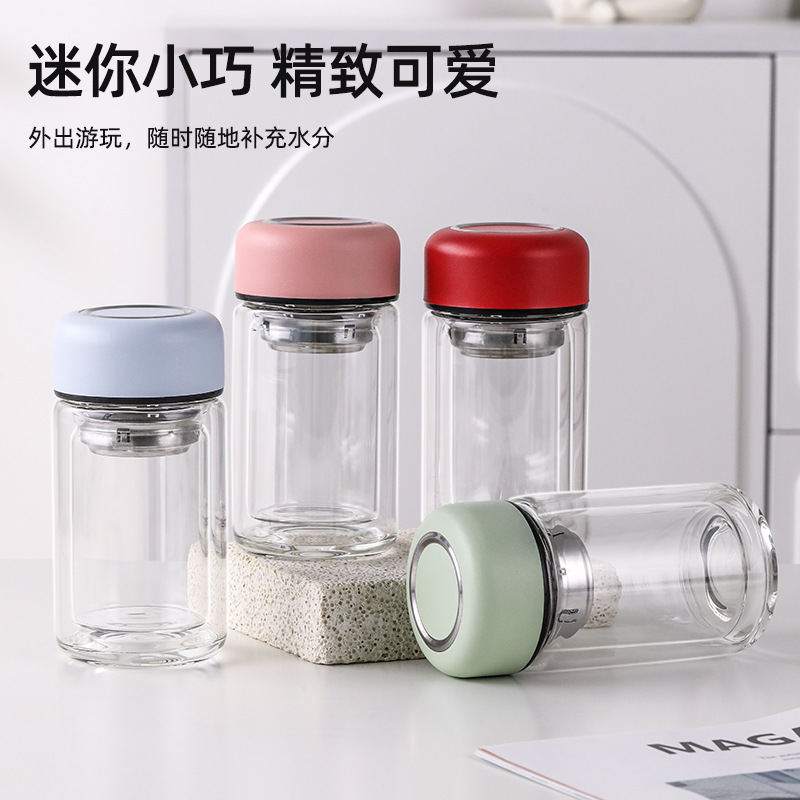 LA536可发样定制水杯印logo迷你双层玻璃杯可爱花茶杯便携随手杯女士防烫水杯