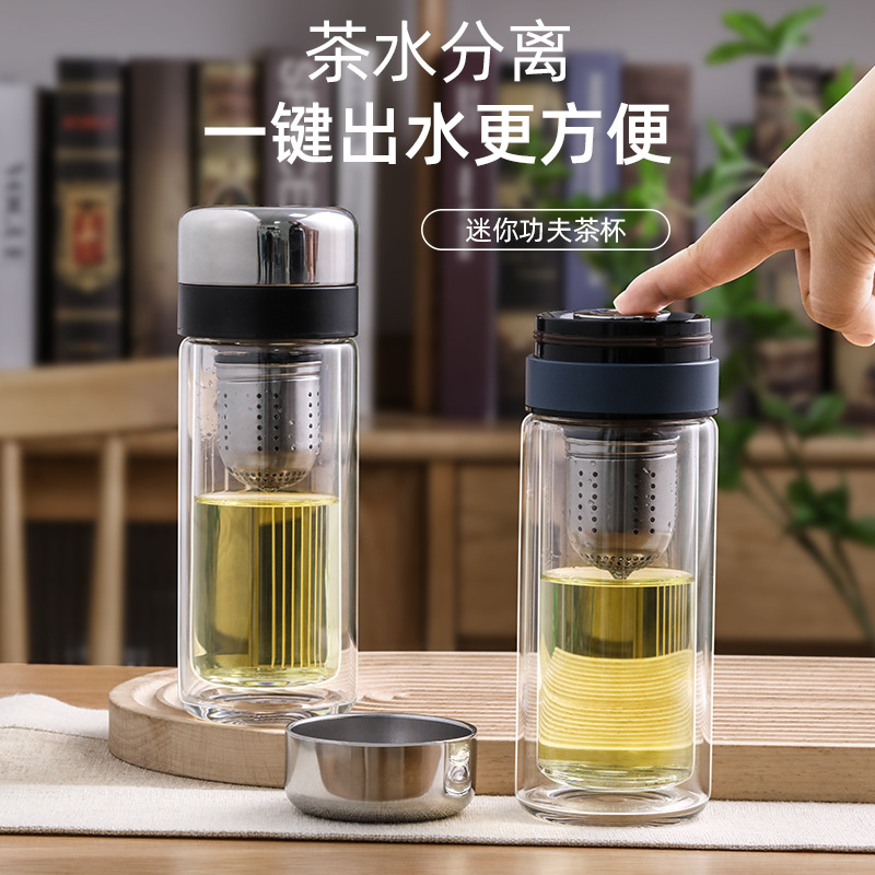 LA536可发样高硼硅玻璃杯茶水分离耐高温防烫双层泡茶杯弹跳盖便携高端水杯