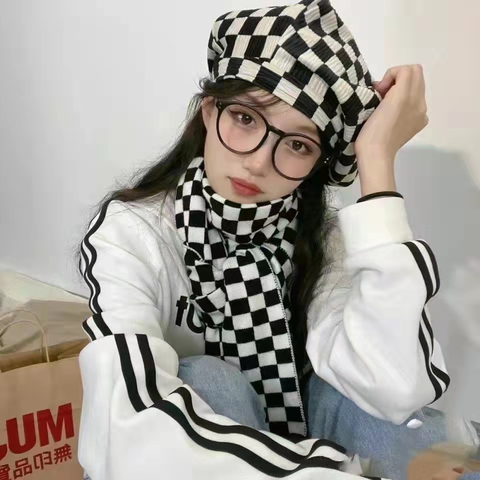 LA103可发样【小额批发】2021网红爆款黑白棋盘格针织围巾 ins毛线围巾