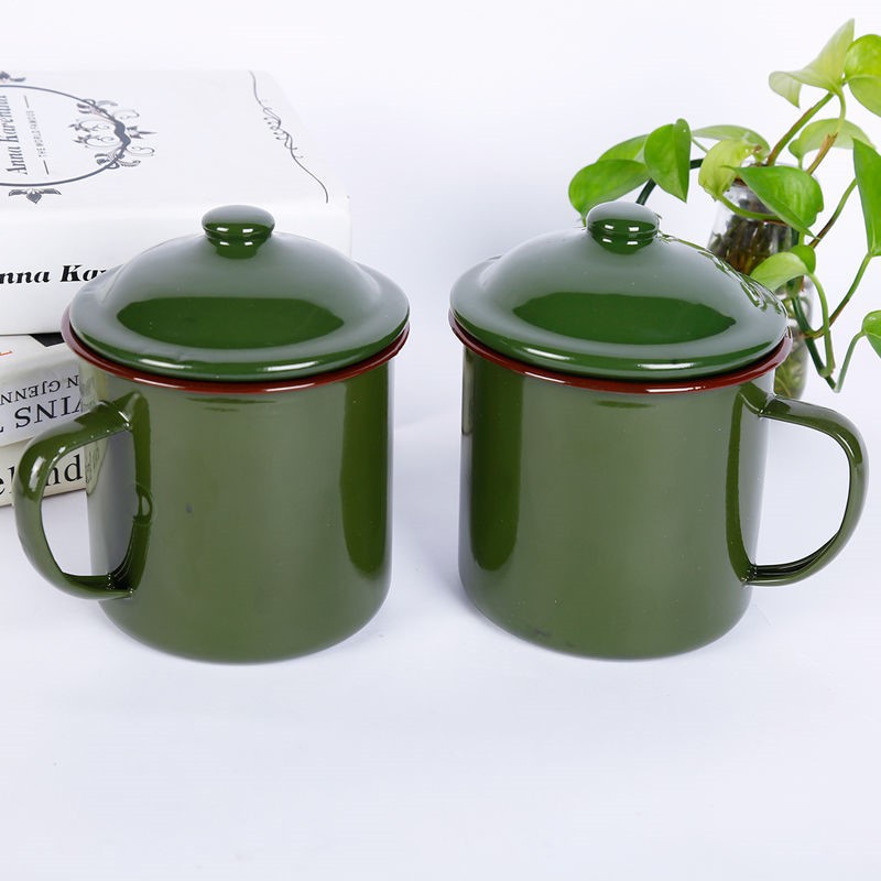 LA535可发样/搪瓷杯加厚老式茶缸子复古老干部水杯加印logo大号里白外绿铁杯子