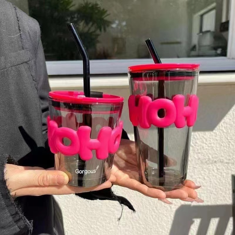 LA007网红款带吸管玻璃水杯高颜值咖啡杯带皮套双饮杯开业礼品印制logo