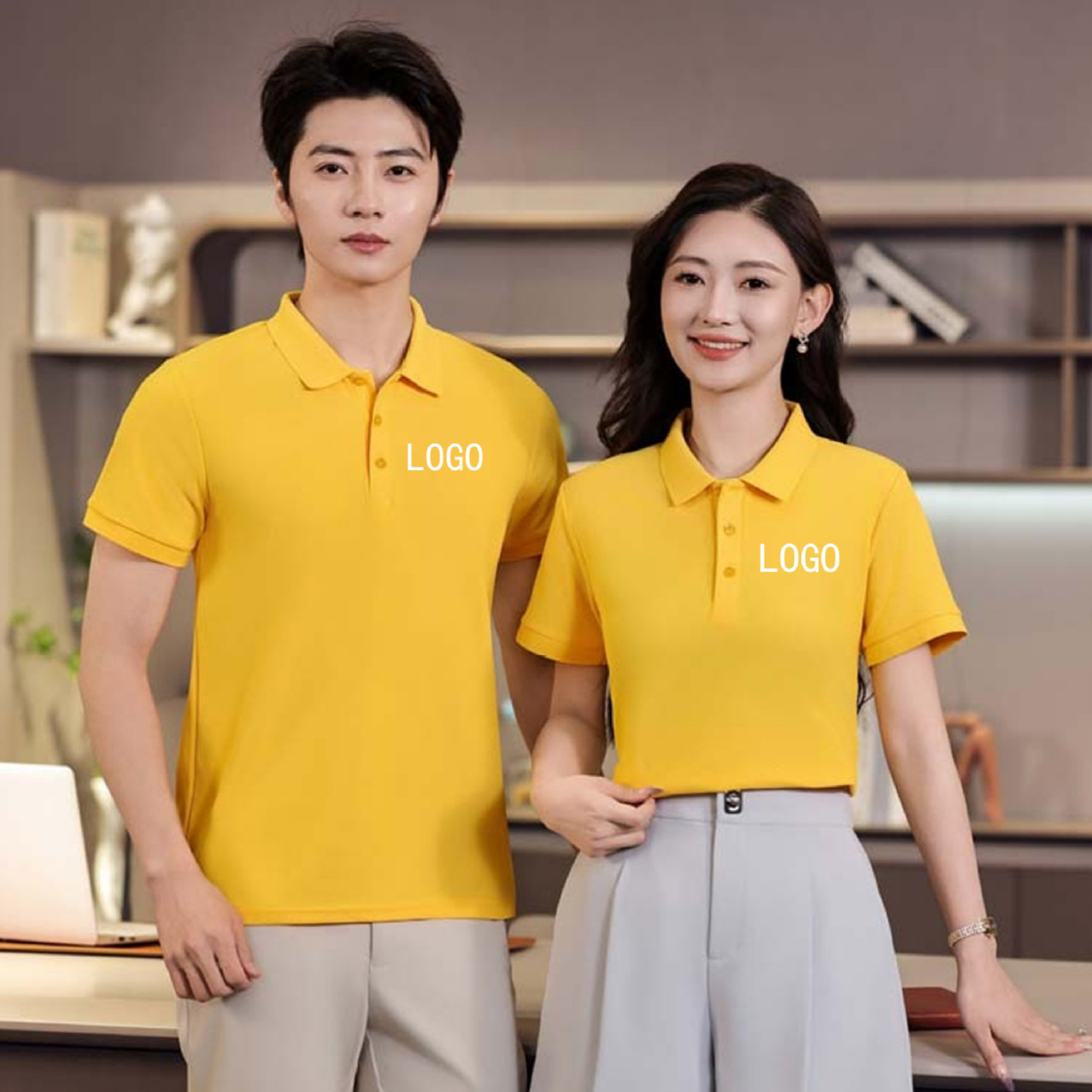 LA715可发样/厂家现货批发免费设计印logo印字纯色翻领企业工作文化衫夏季新款