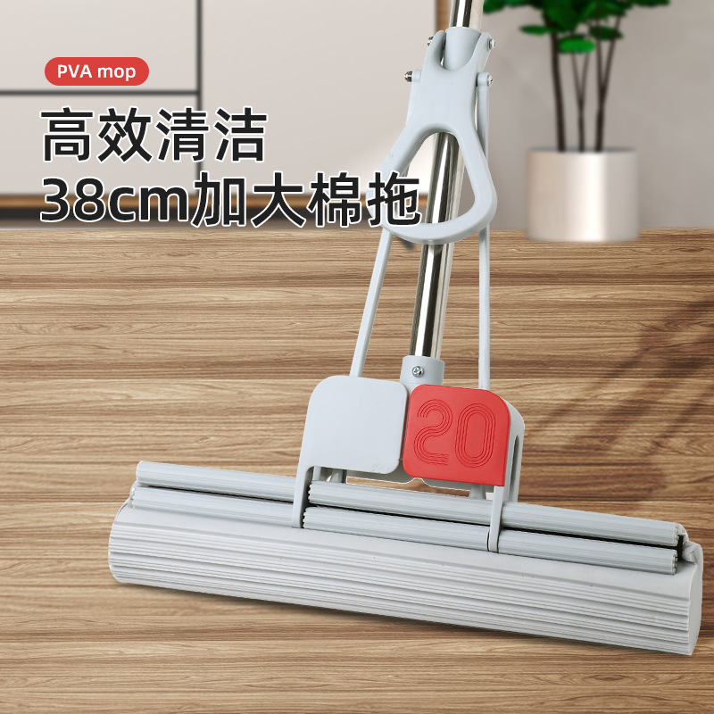 拖把免手洗家用懒人神器滚轮式吸水胶棉拖38cm加大三排轮拖把批发