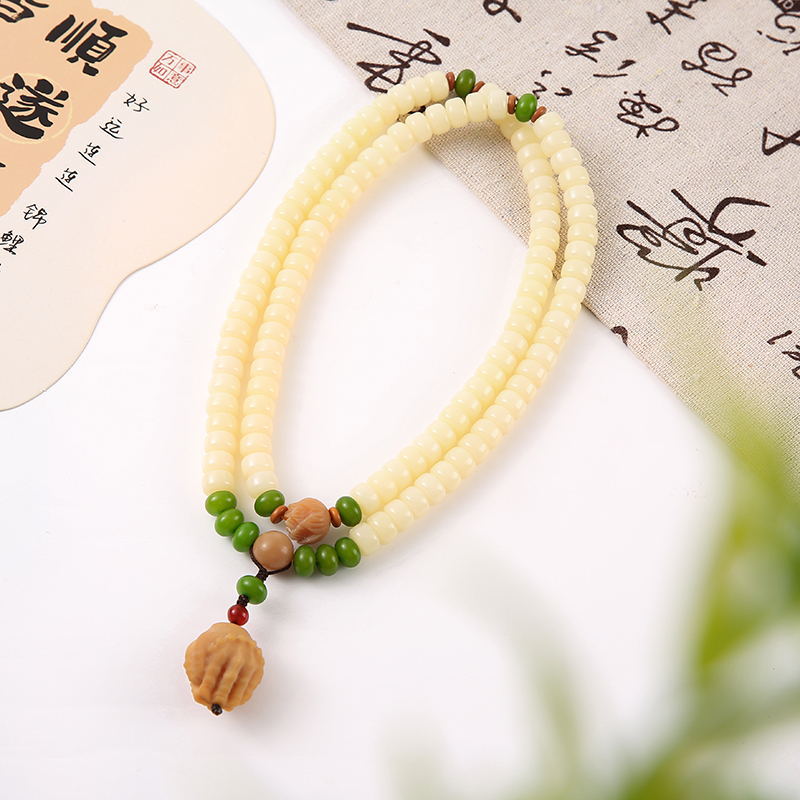 LA756可发样/批发玉化奶油黄108颗菩提根药片珠羊脂玉菩提手串青玉菩提手链