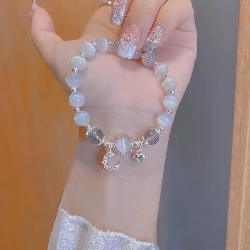LA728可发样/灰月光仿猫眼石月亮手链ins女简约铃铛吊坠闺蜜生日礼物琉璃ins风