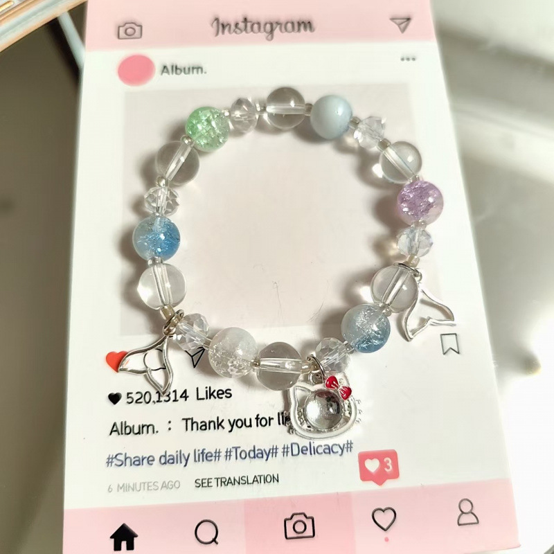 LA728可发样/新品鱼尾KT猫手串少女风彩色猫头串珠手链甜美小清新水晶手饰批发