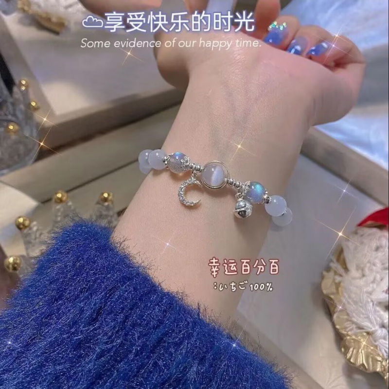 LA728可发样/月亮猫眼石铃铛手链ins手串仿黑耀石串珠闺蜜饰品月光琉璃手链