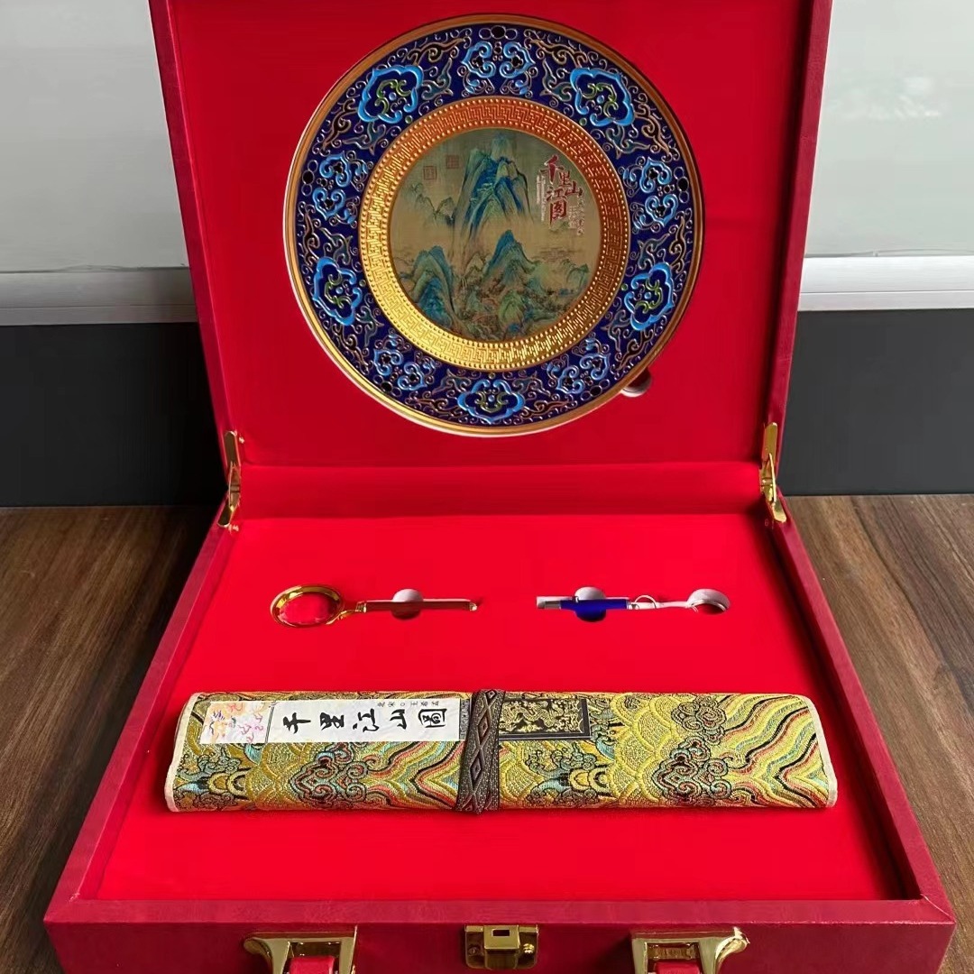 LA307可发样/新款文创精品珐琅彩工艺名画彩盘丝绸画卷套装礼盒会销礼品直播品