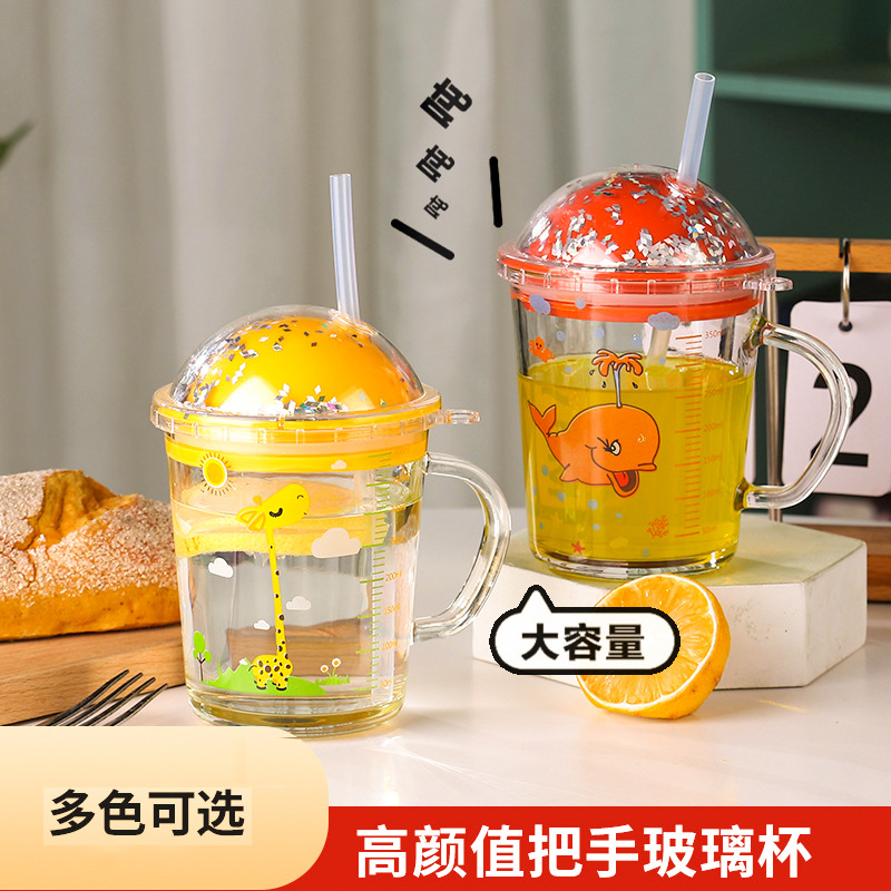 LA187可发样/水杯儿童吸管杯400ml把手玻璃杯果汁饮料杯带刻度儿童卡通牛奶杯