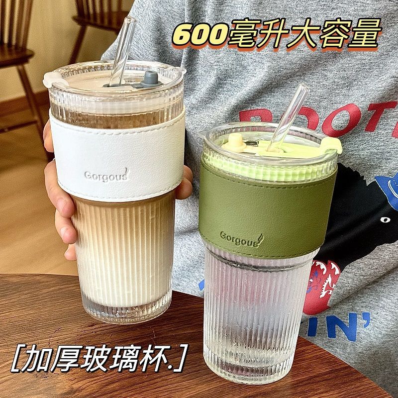 LA187可发样/ins大容量玻璃吸管杯带盖竖条纹玻璃杯高颜值水杯伴手礼杯子批发