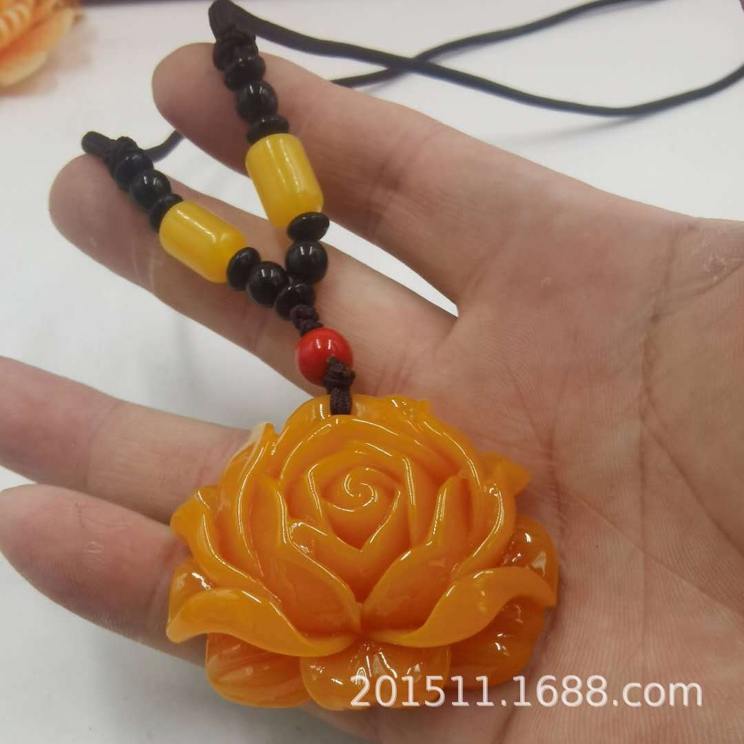 LA097可发样/进门随手礼品蜜蜡树脂牡丹花吊坠项链 长款鸡油黄蜜蜡吊坠项链