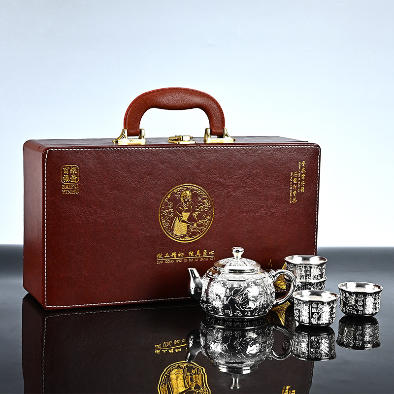 LA309可发样/新款百福银壶银杯套装工艺品会销礼品六件套茶具茶壶礼品现货