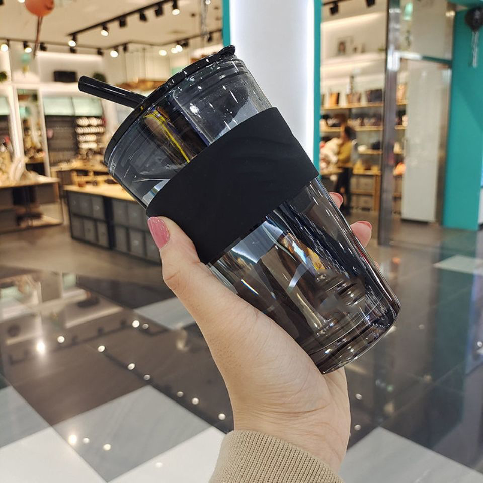 LA187可发样/咖啡杯女牛奶杯大容量竹节水杯带盖吸管杯ins风玻璃杯批发简约