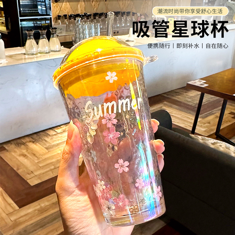 LA187可发样/吸管星球杯夏季女生高颜值泡茶杯家用大容量玻璃杯炫彩碎冰果汁杯